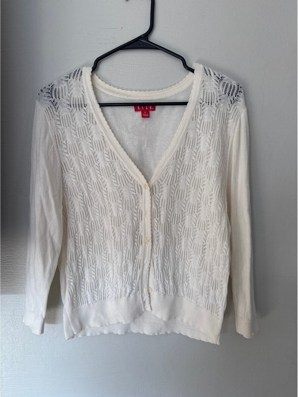 ELLE Womens XL Ivory Pointelle Cardigan Scalloped V-Neck 3/4 Sleeve Cottagecore